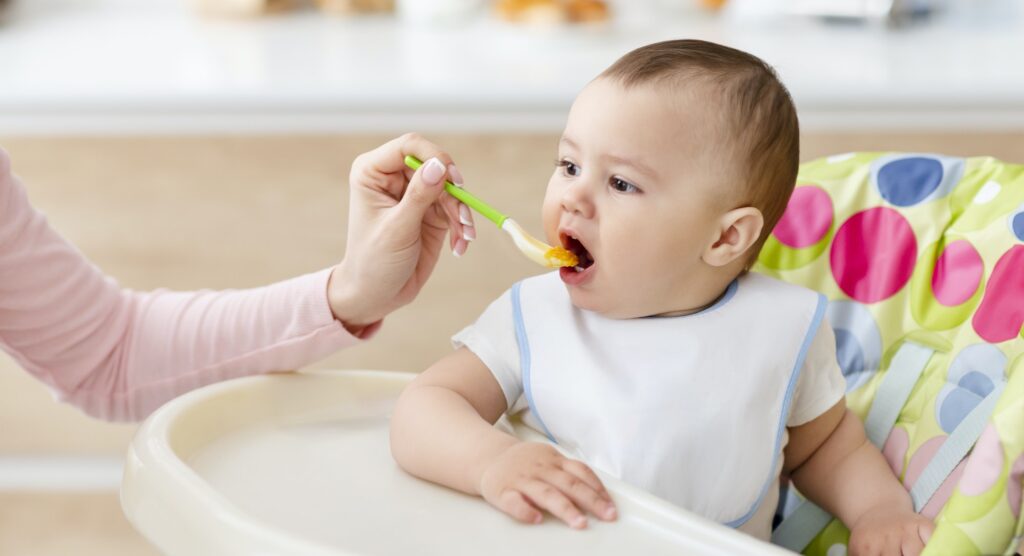 Mom feeding her toddler with fresh organic baby food